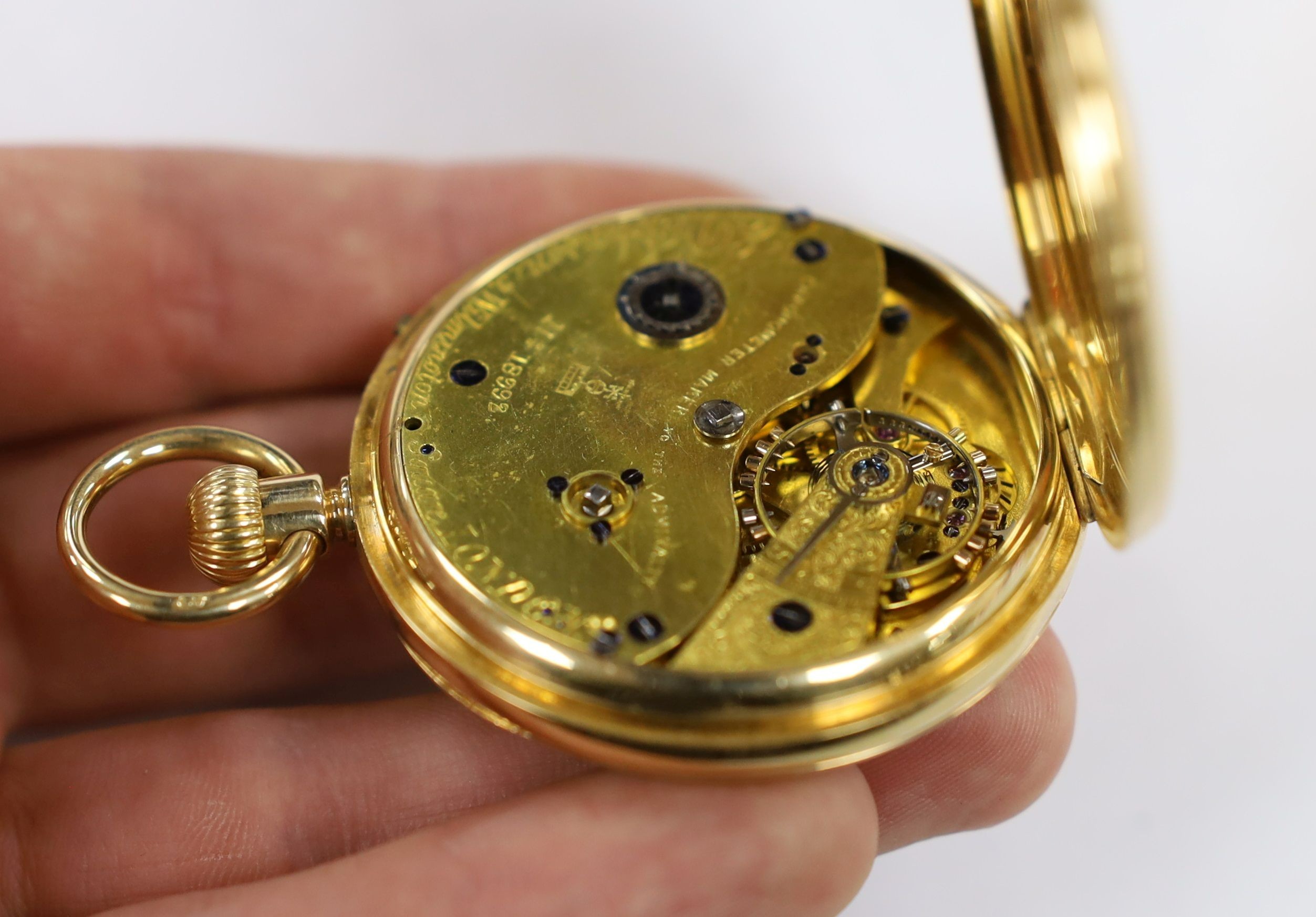 A late Victorian 18ct gold open face pocket watch, by E.G. Johnson, London, with Roman dial and subsidiary second, case diameter 49mm, gross weight 95.7 grams